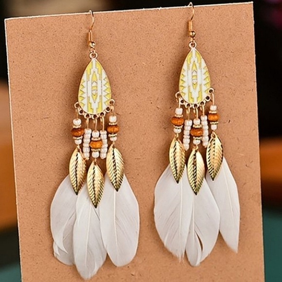 Boutique Jewelry - Gold & white Boho feather earrings beaded tassel long drop festival 💖2/$30